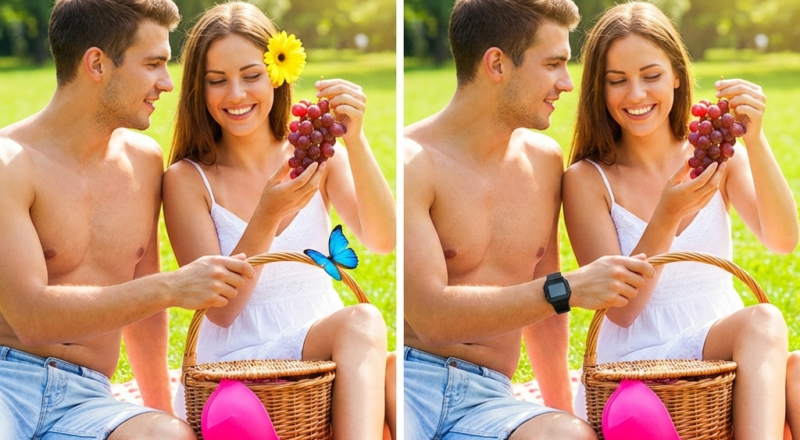 A shirtless man and a voluptuous woman enjoying a sunny outdoor picnic on a checkered blanket; revealing hidden differences between two images.