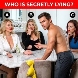 A shirtless man questioning three women at a restaurant; one woman is touching her nose, looking up to the right, and clutching her purse, revealing she is lying.