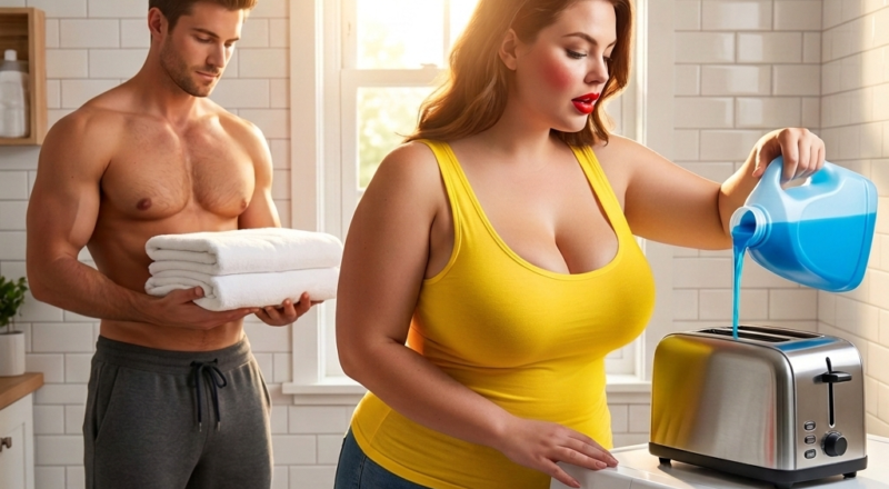 A woman trying to do laundry but mistakenly pouring blue liquid detergent directly into a silver kitchen toaster.