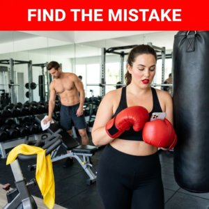 A woman trying to type a text message on her smartphone while wearing massive red leather boxing gloves in a home gym.