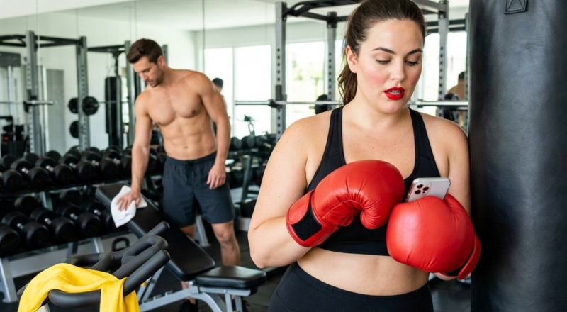A woman trying to type a text message on her smartphone while wearing massive red leather boxing gloves in a home gym.